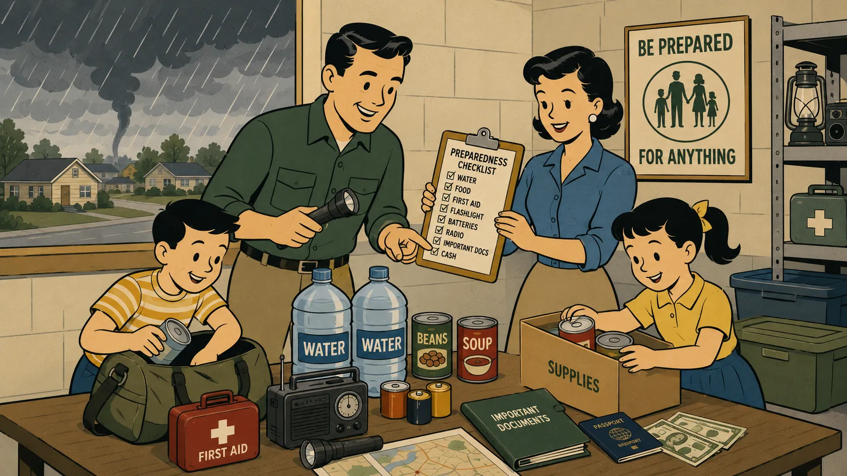 Illustration of a family calmly organizing emergency supplies together